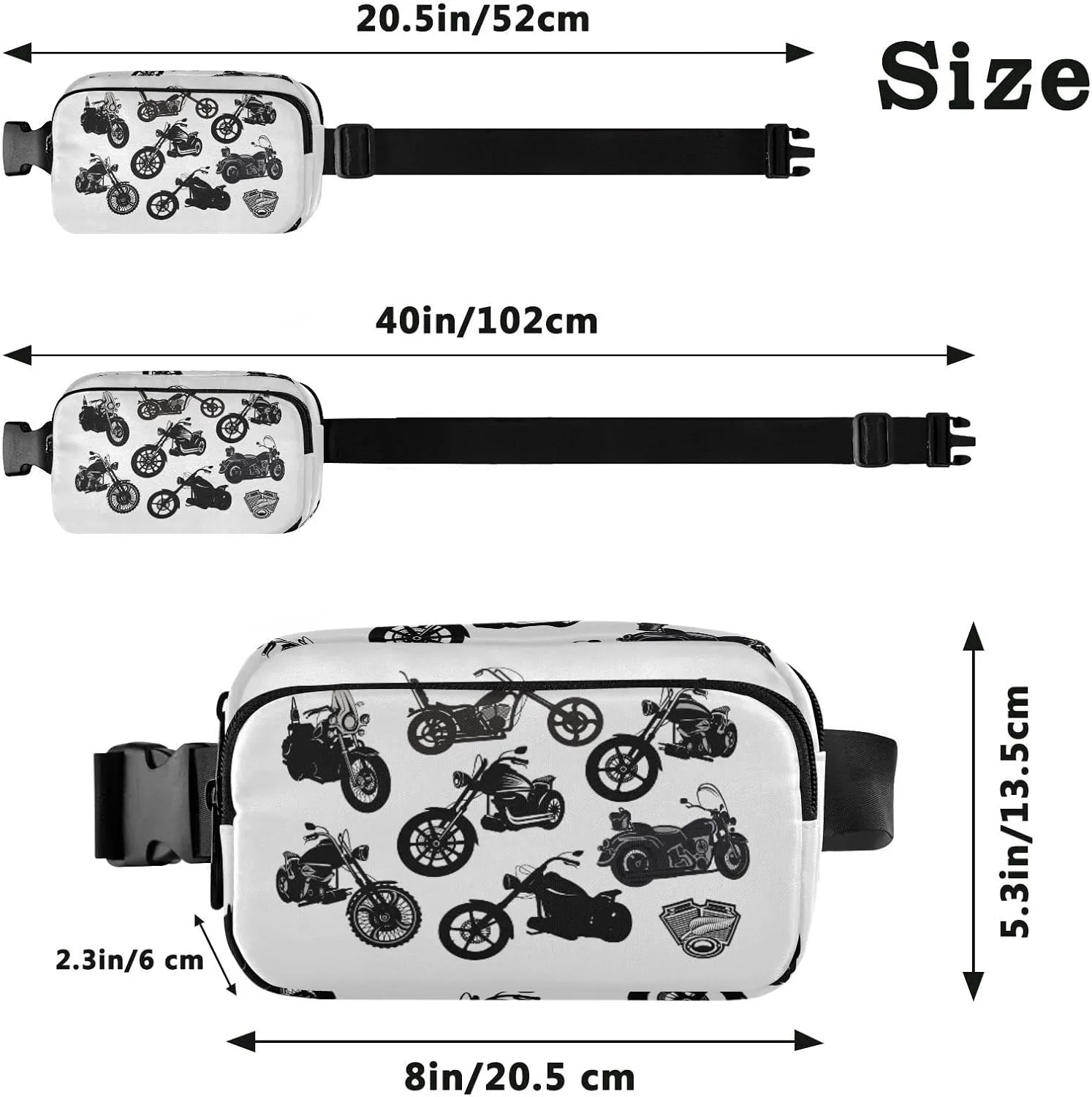 Black Motorcycle Silhouette Set from Different Perspectives Adjustable Belt Running Bag, Crossbody Fanny Pack Waist Runners Bag Tote for Women Men Sports Hiking Fitness Exercise Gym Pouch
