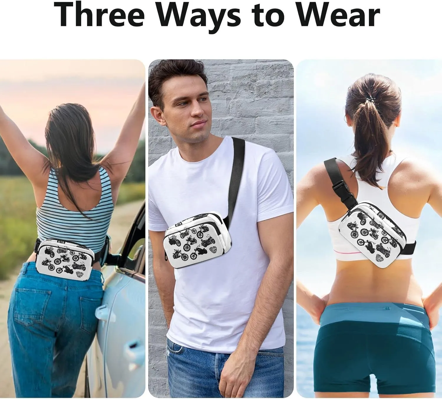 Black Motorcycle Silhouette Set from Different Perspectives Adjustable Belt Running Bag, Crossbody Fanny Pack Waist Runners Bag Tote for Women Men Sports Hiking Fitness Exercise Gym Pouch