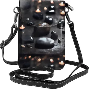 Black Mystery Heart Stone Women'S With Tassel Small Crossbody Leather Cell Phone Bag Purse For Walking Camping Shopping Dating