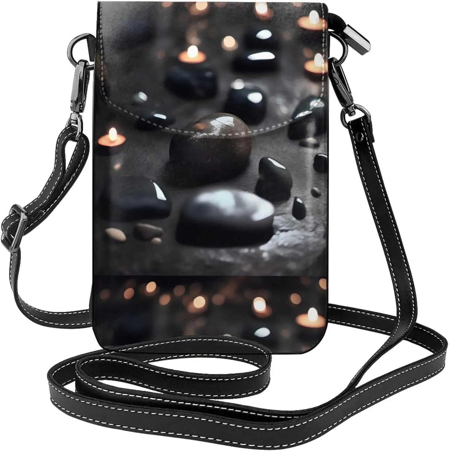Black Mystery Heart Stone Women'S With Tassel Small Crossbody Leather Cell Phone Bag Purse For Walking Camping Shopping Dating