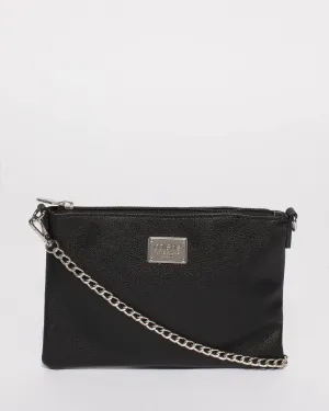 Black Plain Peta Chain Crossbody Bag With Silver Hardware