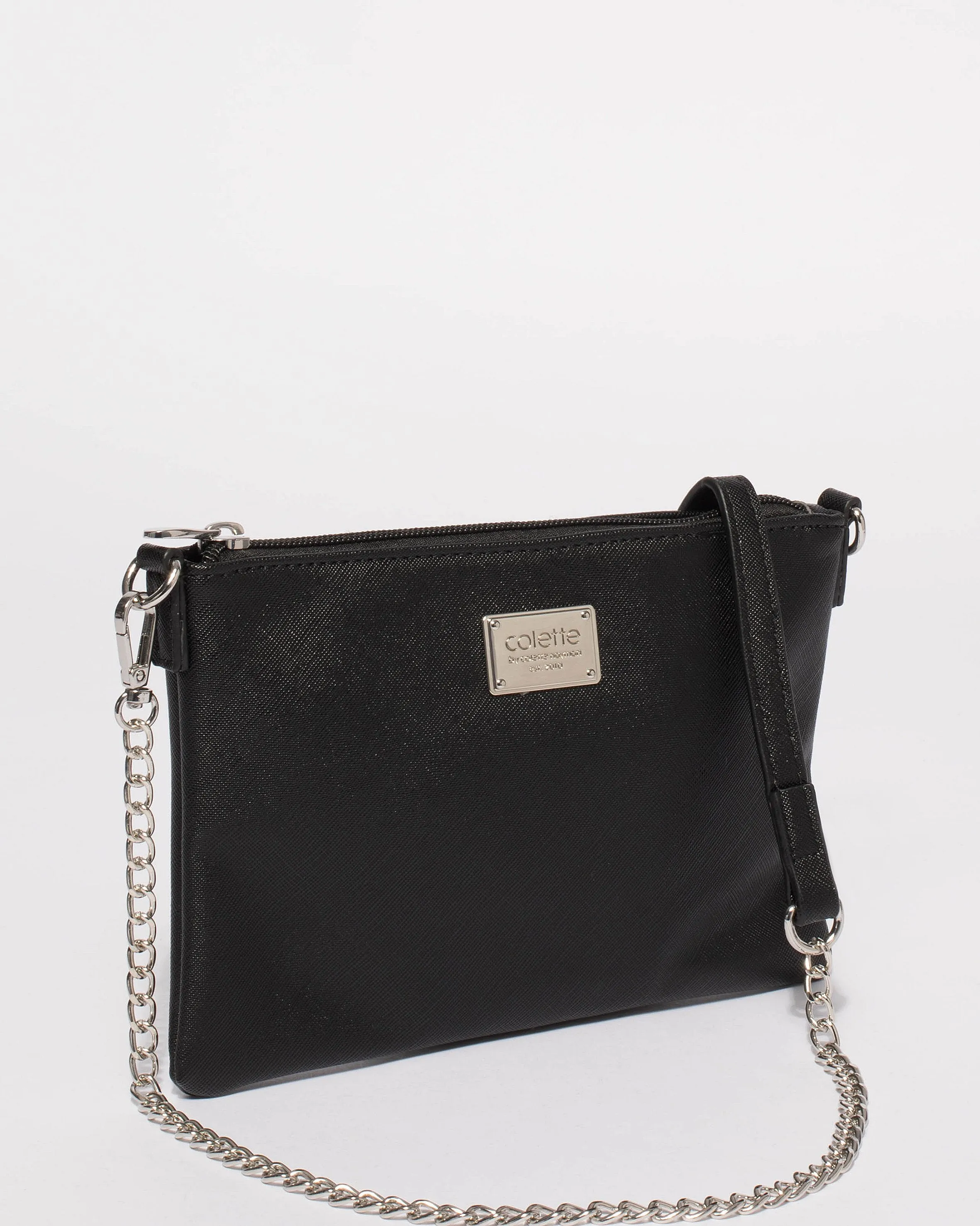 Black Plain Peta Chain Crossbody Bag With Silver Hardware