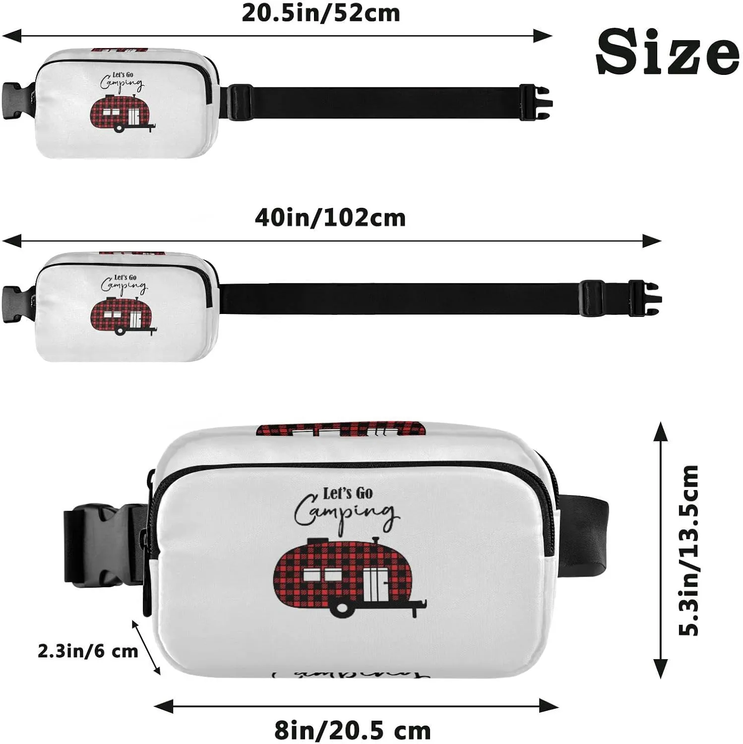 Black Red Checker Plaid Grid Camper Car Let's Go Camping Adjustable Belt Running Bag, Crossbody Fanny Pack Waist Runners Bag Tote for Women Men Sports Hiking Fitness Exercise Gym Pouch