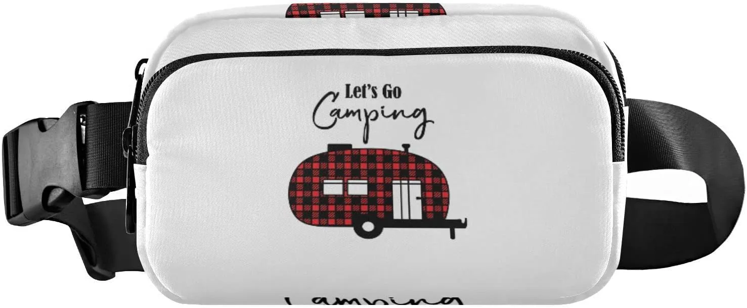 Black Red Checker Plaid Grid Camper Car Let's Go Camping Adjustable Belt Running Bag, Crossbody Fanny Pack Waist Runners Bag Tote for Women Men Sports Hiking Fitness Exercise Gym Pouch