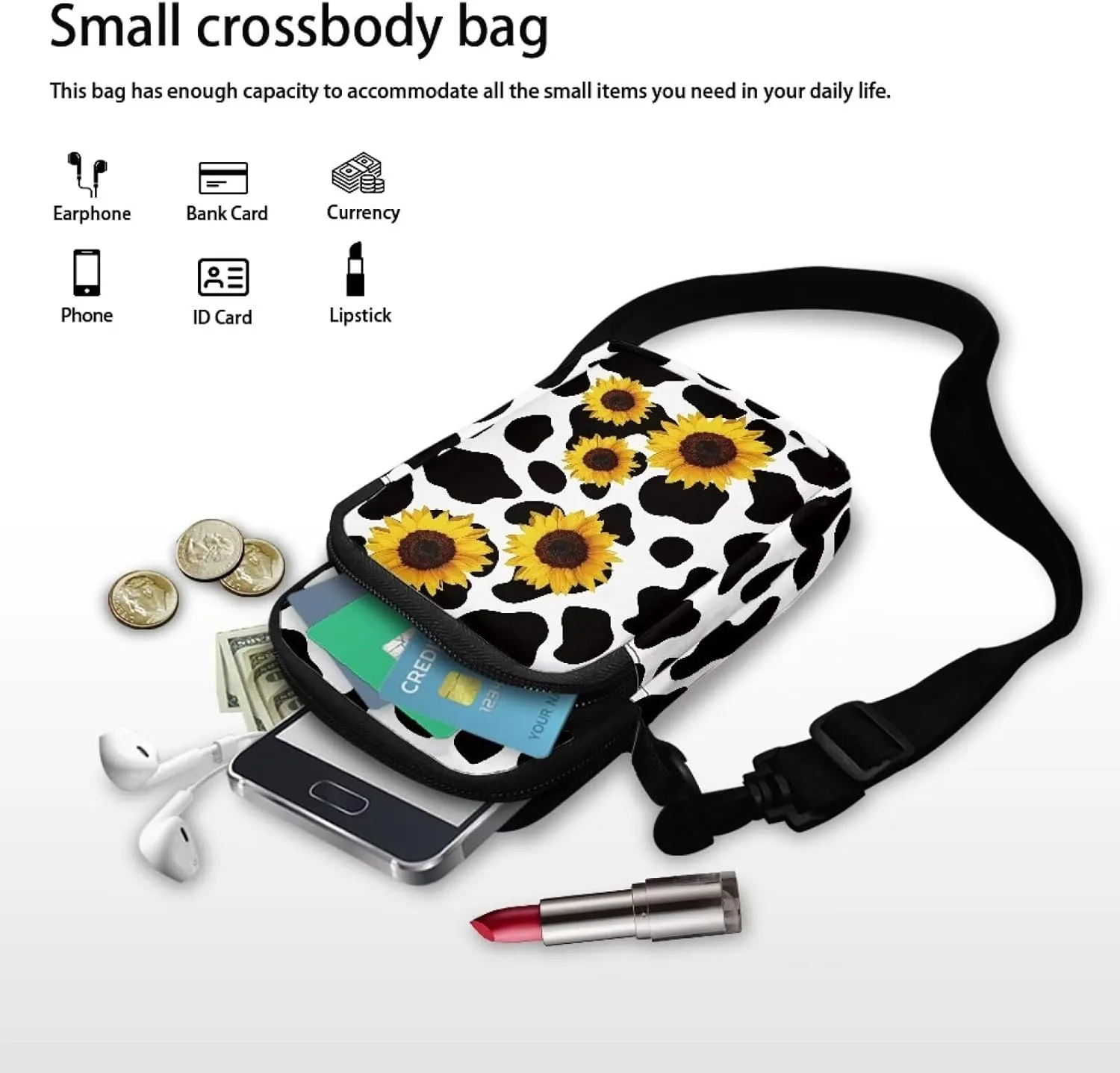 Black Spots Crossbody Purses for Women Sunflower Cross Body Bag for Woman Crossbody Bag for Workout Running Traveling Hiking Gym Cross Body Bag Portable