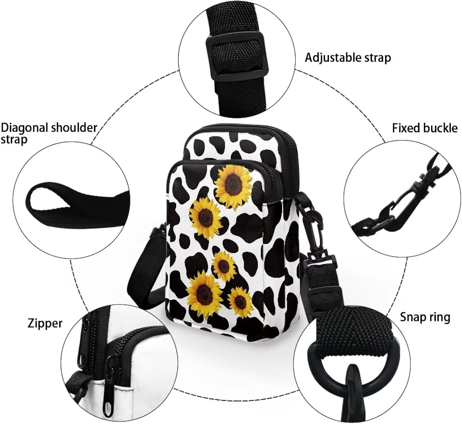 Black Spots Crossbody Purses for Women Sunflower Cross Body Bag for Woman Crossbody Bag for Workout Running Traveling Hiking Gym Cross Body Bag Portable