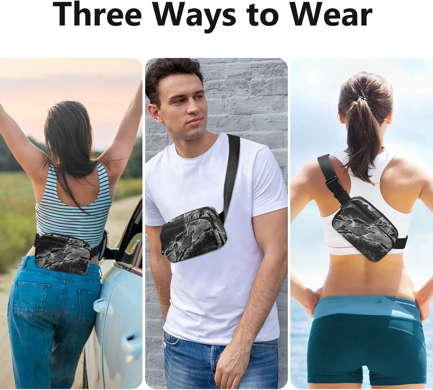 Black White Marble Green Malachite with Silver White Veins Gold Adjustable Belt Running Bag, Crossbody Fanny Pack Waist Runners Bag Tote for Women Men Sports Hiking Fitness Exercise Gym Pouch