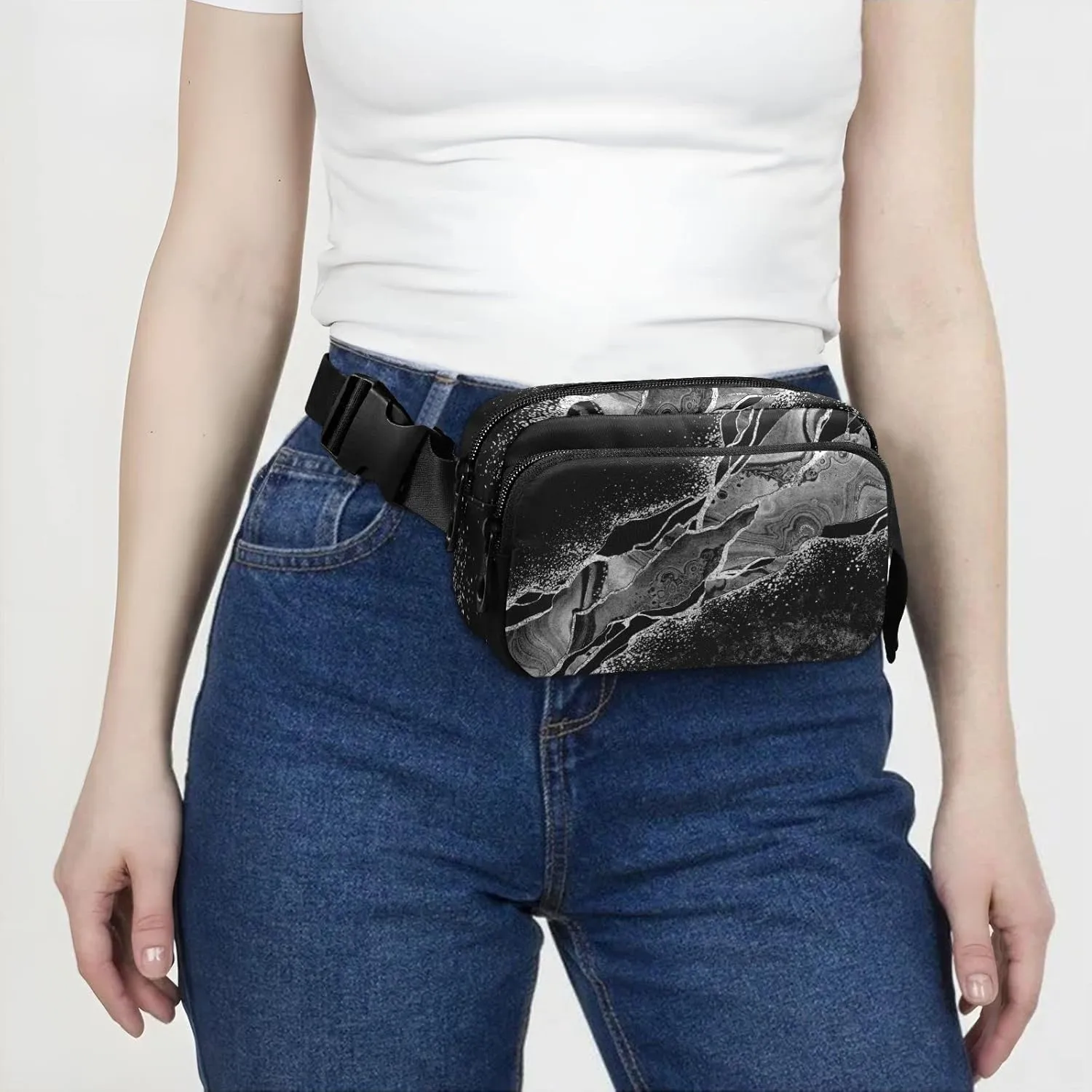Black White Marble Green Malachite with Silver White Veins Gold Adjustable Belt Running Bag, Crossbody Fanny Pack Waist Runners Bag Tote for Women Men Sports Hiking Fitness Exercise Gym Pouch