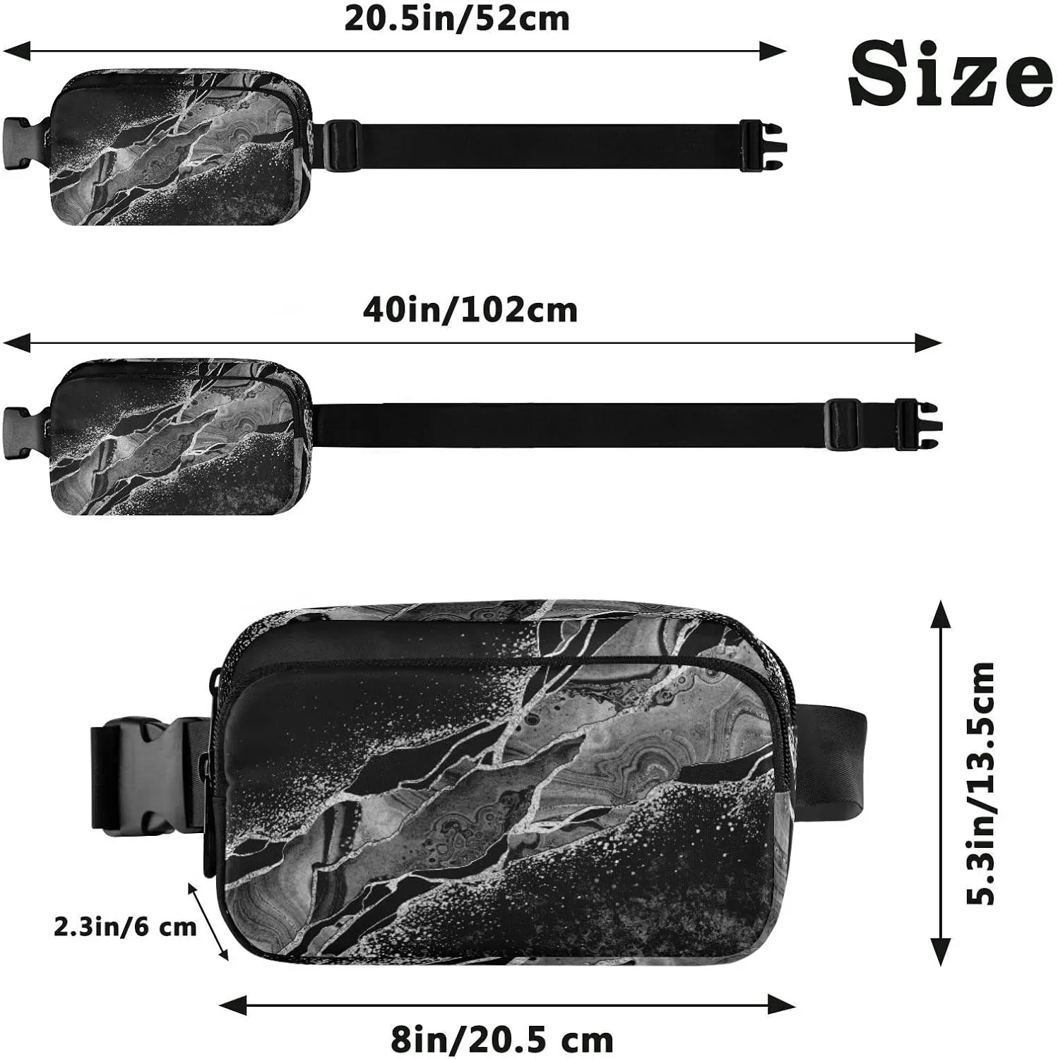 Black White Marble Green Malachite with Silver White Veins Gold Adjustable Belt Running Bag, Crossbody Fanny Pack Waist Runners Bag Tote for Women Men Sports Hiking Fitness Exercise Gym Pouch