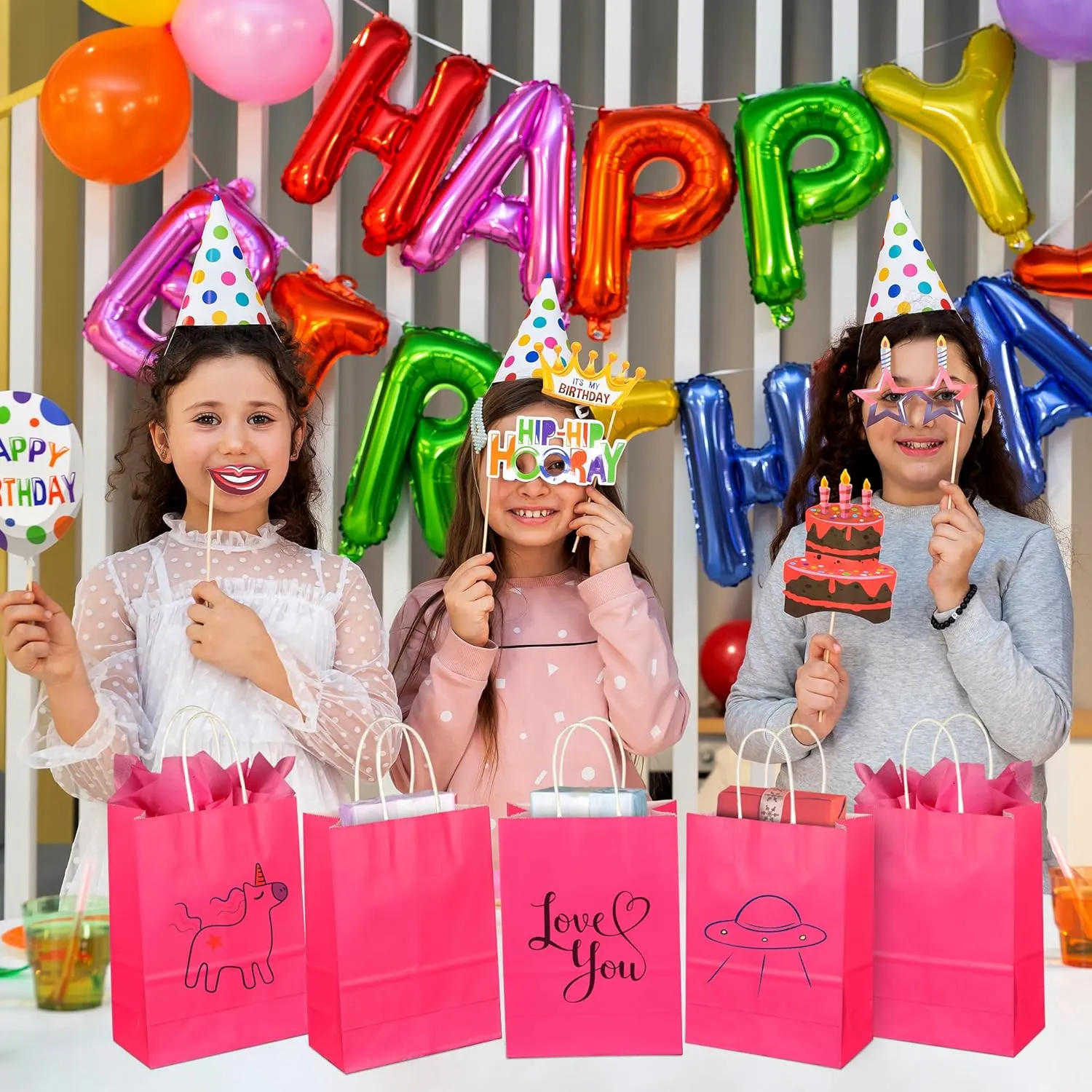 BLEWINDZ 32Pcs Small Paper Gift Bags with Tissues, Hot pink Party Favor Bags with Handles, 8.7" Goodie Bag for Birthday, Shopping, Party Supplies