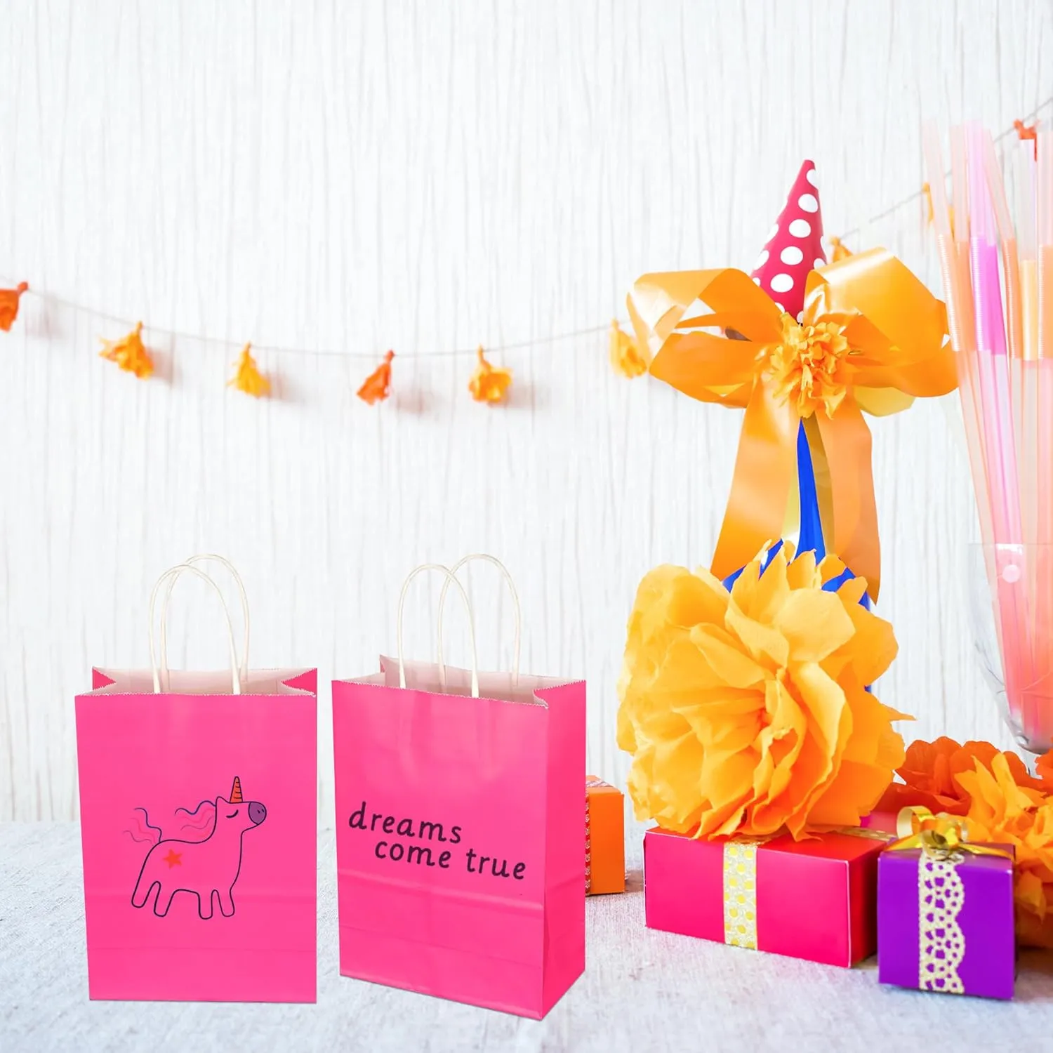 BLEWINDZ 32Pcs Small Paper Gift Bags with Tissues, Hot pink Party Favor Bags with Handles, 8.7" Goodie Bag for Birthday, Shopping, Party Supplies