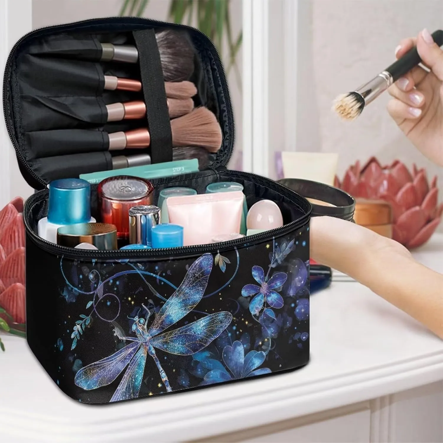 Blue Dragonfly Travel Cosmetic Bags for Women Portable Toiletry Organizer Bag Makeup Bag Coin Purse Lipstick Cosmetic Accessories Organizer Large Travel Kit Storage Pouch