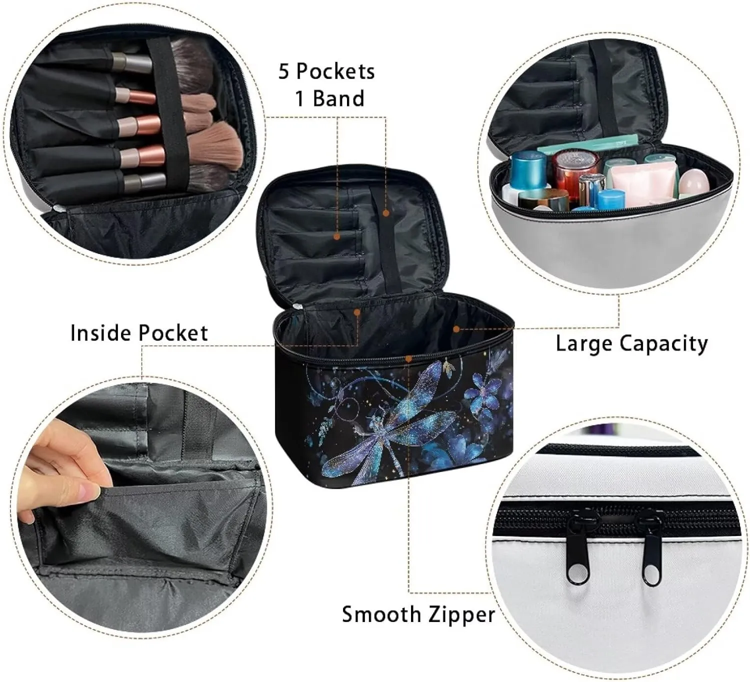 Blue Dragonfly Travel Cosmetic Bags for Women Portable Toiletry Organizer Bag Makeup Bag Coin Purse Lipstick Cosmetic Accessories Organizer Large Travel Kit Storage Pouch