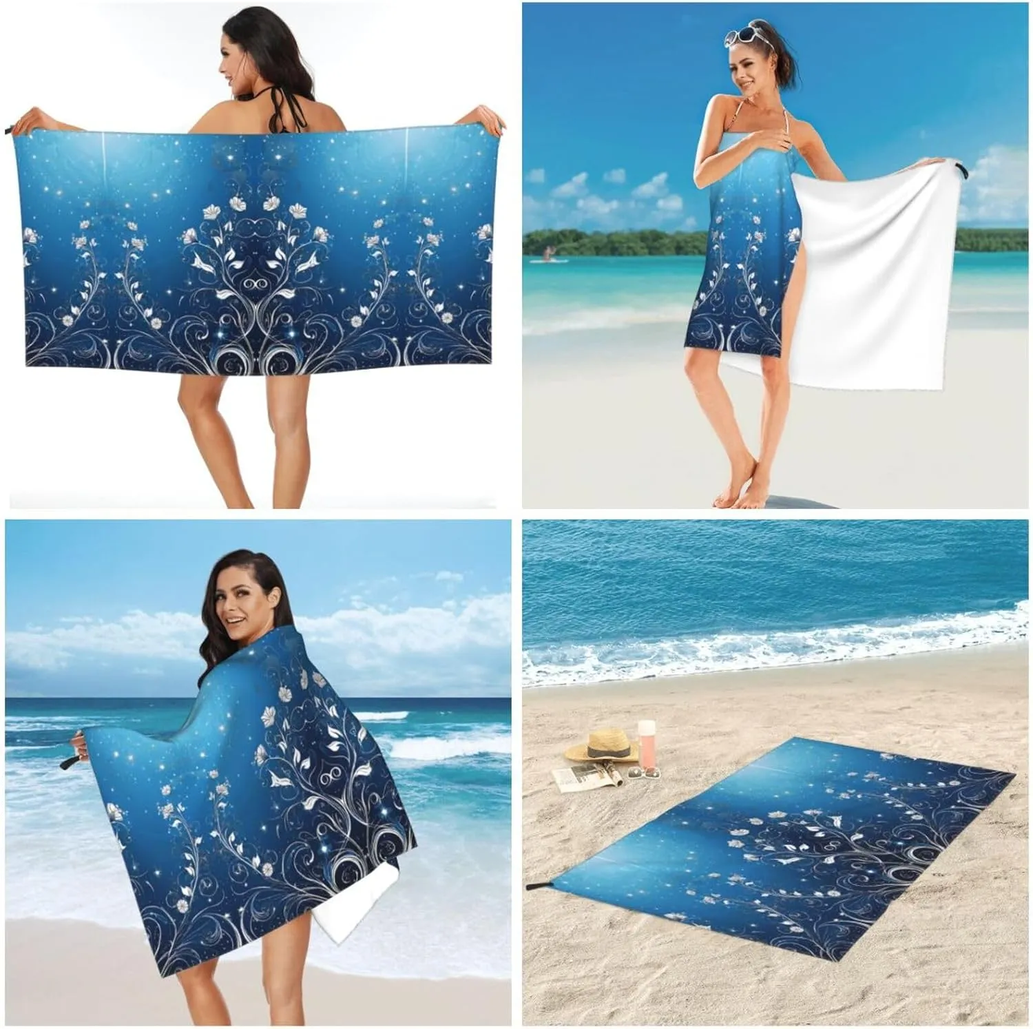 Blue Mini Flower Swirl Premium Compact Microfiber Travel Towel-Featherlight & Quick Dry,Sand-Resistant Beach Towel for Swimming,Camping,Vacation Essentials with Carry Pouch
