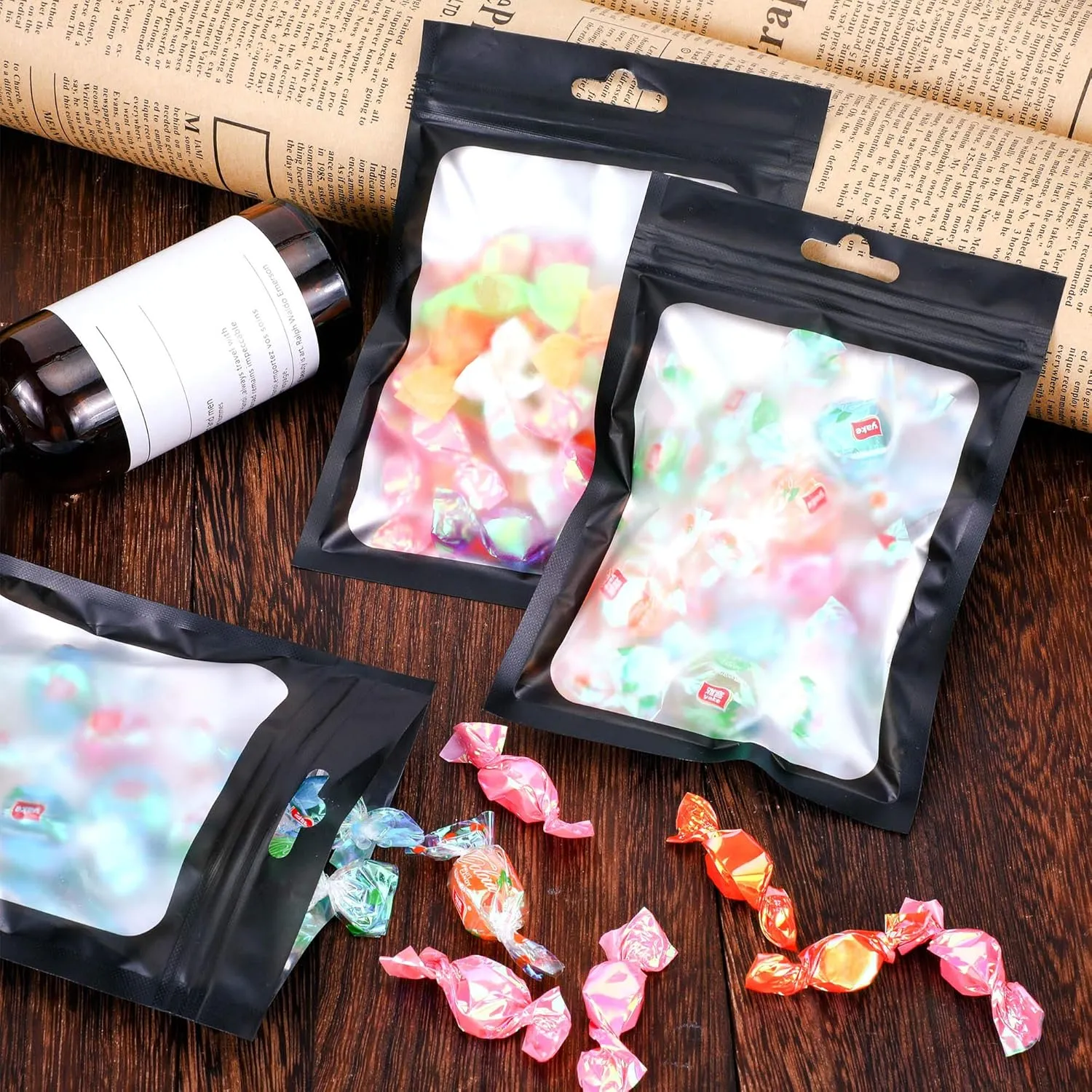 Boao 100 Pieces Resealable Foil Food Storage Bags with Clear Window Coffee Beans Candy Packaging Pouch for Food Small Business Supplies for Jewelry Self Sealed Storage Bags(4 x 6 Inch,Black)