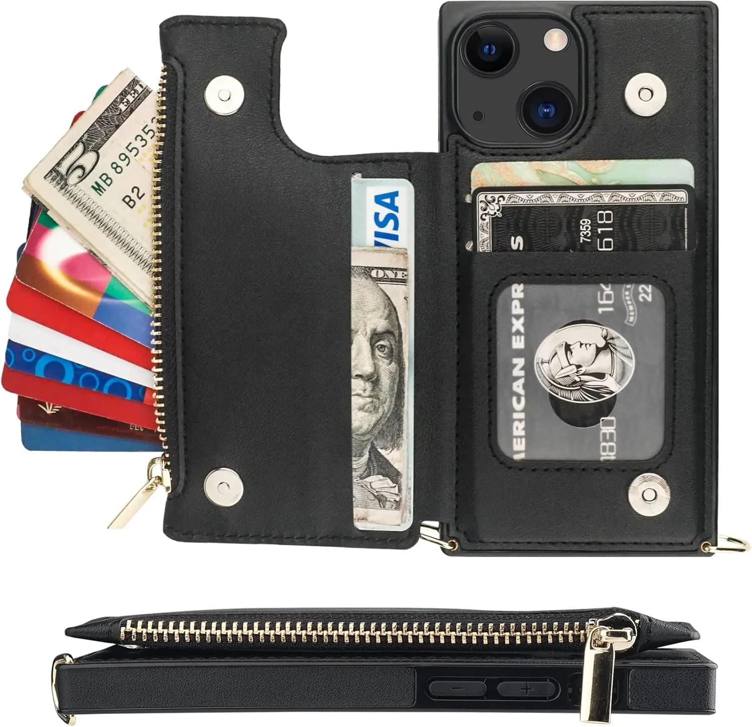 Bocasal Crossbody Wallet Case for iPhone 13 Mini with RFID Blocking Card Slot Holder, Magnetic Flip Folio Purse Case, PU Leather Zipper Handbag with Detachable Lanyard Strap 5.4 Inch 5G (Black)