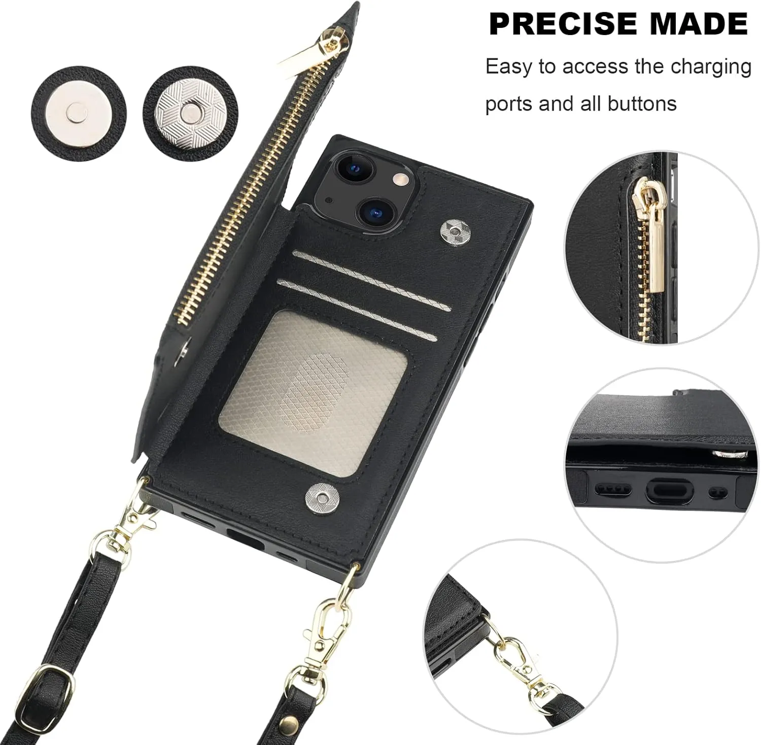 Bocasal Crossbody Wallet Case for iPhone 13 Mini with RFID Blocking Card Slot Holder, Magnetic Flip Folio Purse Case, PU Leather Zipper Handbag with Detachable Lanyard Strap 5.4 Inch 5G (Black)