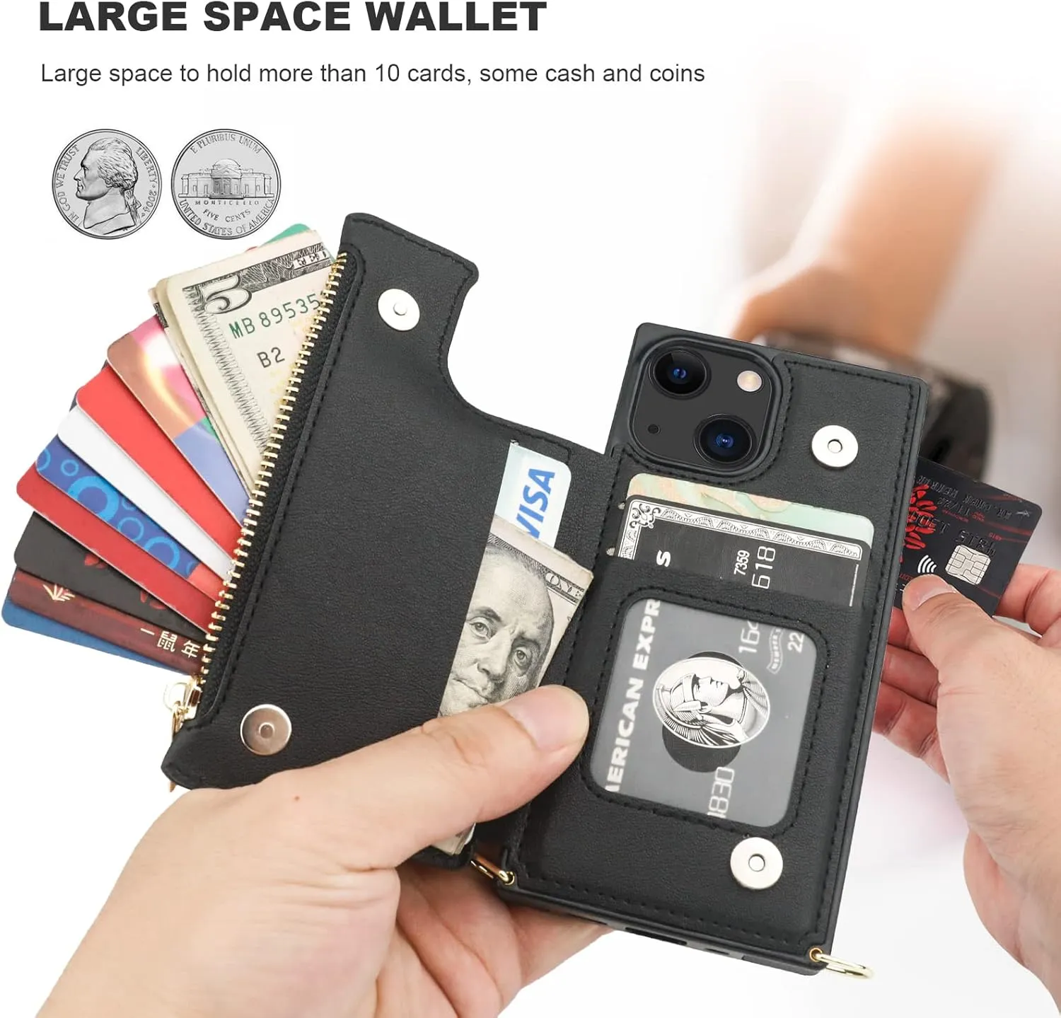 Bocasal Crossbody Wallet Case for iPhone 13 Mini with RFID Blocking Card Slot Holder, Magnetic Flip Folio Purse Case, PU Leather Zipper Handbag with Detachable Lanyard Strap 5.4 Inch 5G (Black)