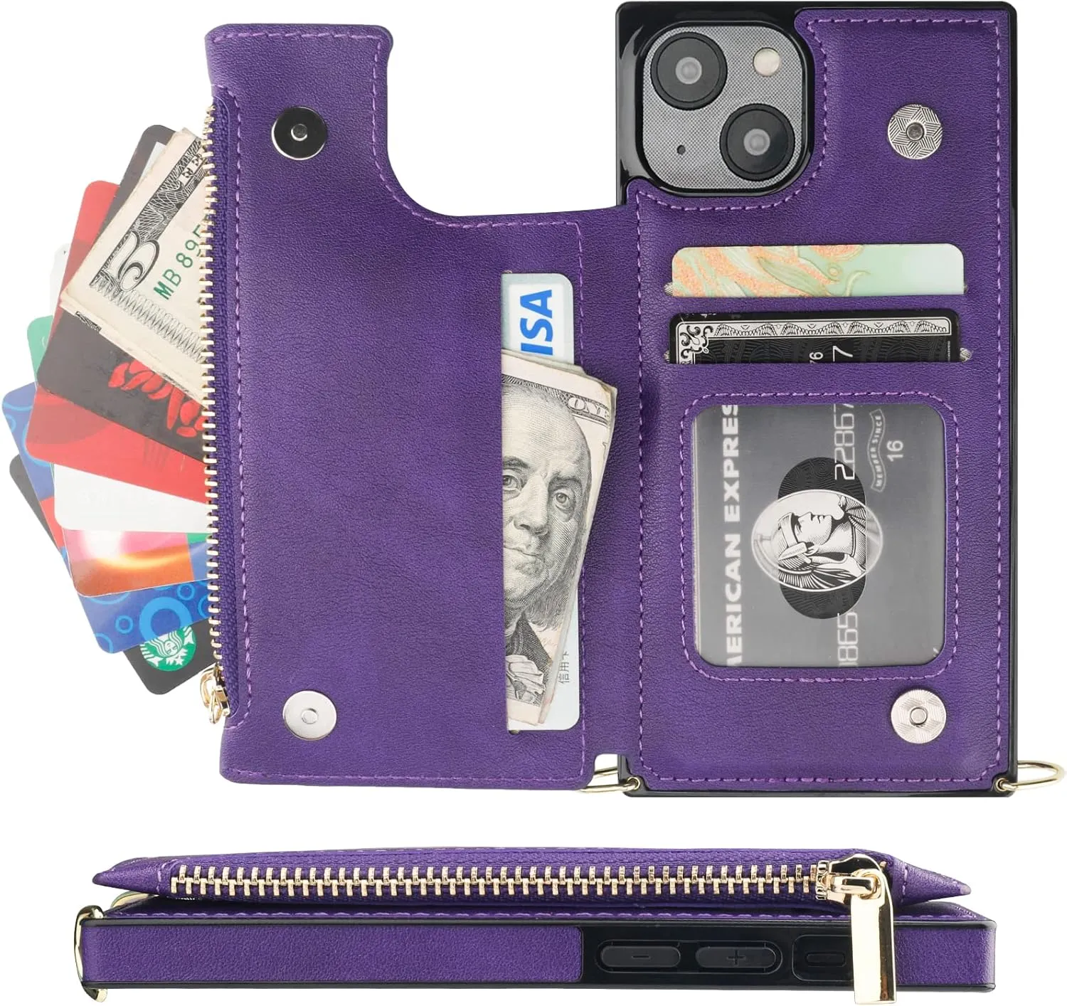 Bocasal Crossbody Wallet Case for iPhone 14 with RFID Blocking Card Slot Holder, Magnetic Flip Folio Purse Case, PU Leather Zipper Handbag with Detachable Lanyard Strap 6.1 Inch 5G (Purple)