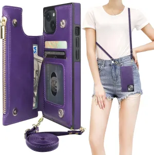 Bocasal Crossbody Wallet Case for iPhone 14 with RFID Blocking Card Slot Holder, Magnetic Flip Folio Purse Case, PU Leather Zipper Handbag with Detachable Lanyard Strap 6.1 Inch 5G (Purple)