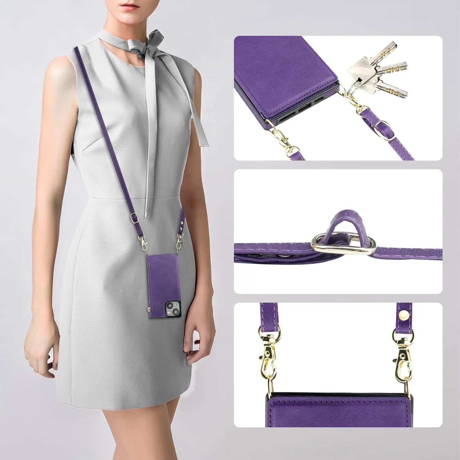 Bocasal Crossbody Wallet Case for iPhone 14 with RFID Blocking Card Slot Holder, Magnetic Flip Folio Purse Case, PU Leather Zipper Handbag with Detachable Lanyard Strap 6.1 Inch 5G (Purple)