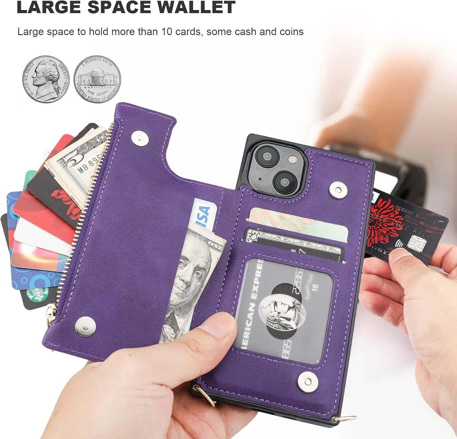 Bocasal Crossbody Wallet Case for iPhone 14 with RFID Blocking Card Slot Holder, Magnetic Flip Folio Purse Case, PU Leather Zipper Handbag with Detachable Lanyard Strap 6.1 Inch 5G (Purple)