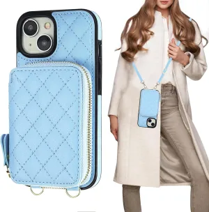 Bocasal Crossbody Wallet Case for iPhone 15, RFID Blocking PU Leather Zipper Handbag Purse Flip Cover, Kickstand Folio Case with Card Slots Holder Wrist Strap Lanyard 5G 6.1 Inch (Blue)