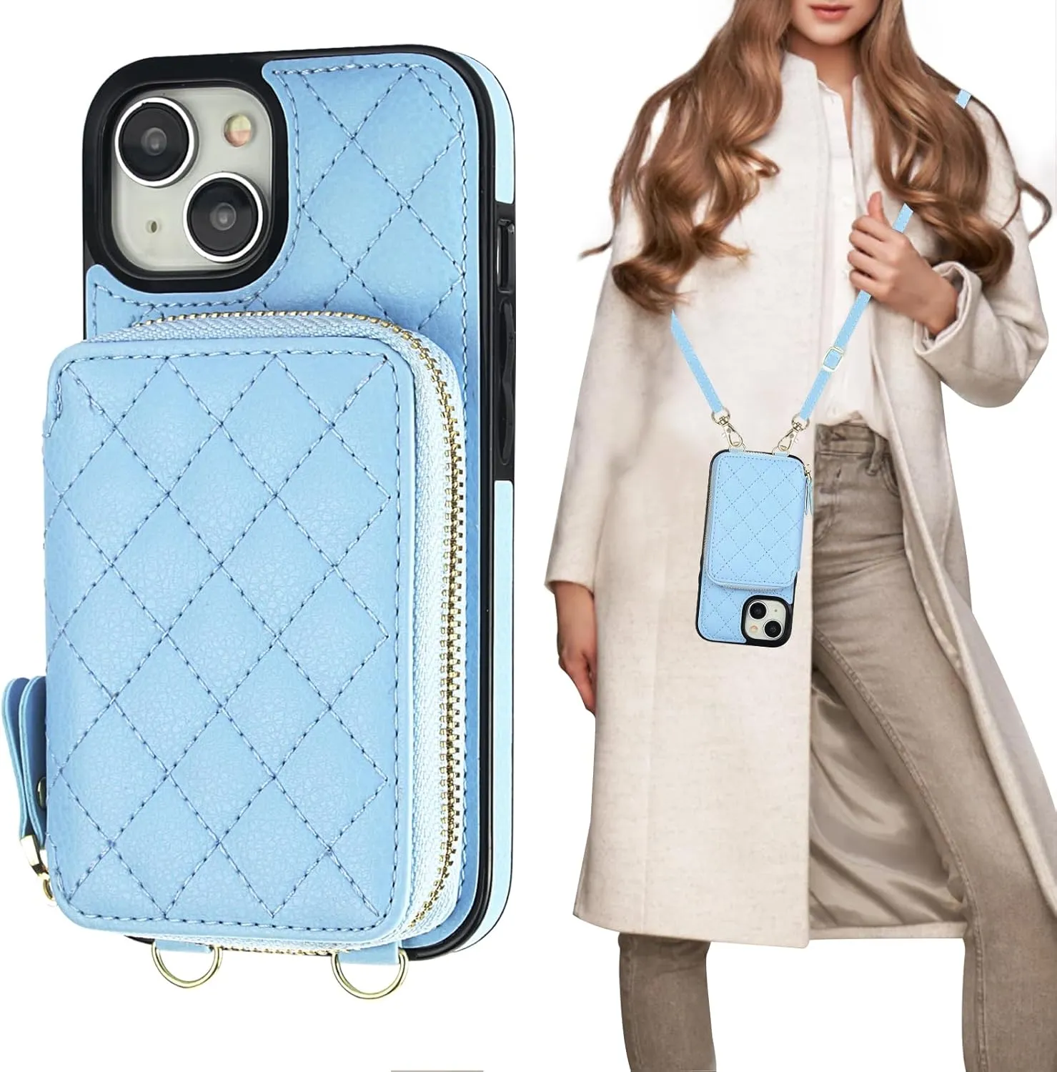 Bocasal Crossbody Wallet Case for iPhone 15, RFID Blocking PU Leather Zipper Handbag Purse Flip Cover, Kickstand Folio Case with Card Slots Holder Wrist Strap Lanyard 5G 6.1 Inch (Blue)