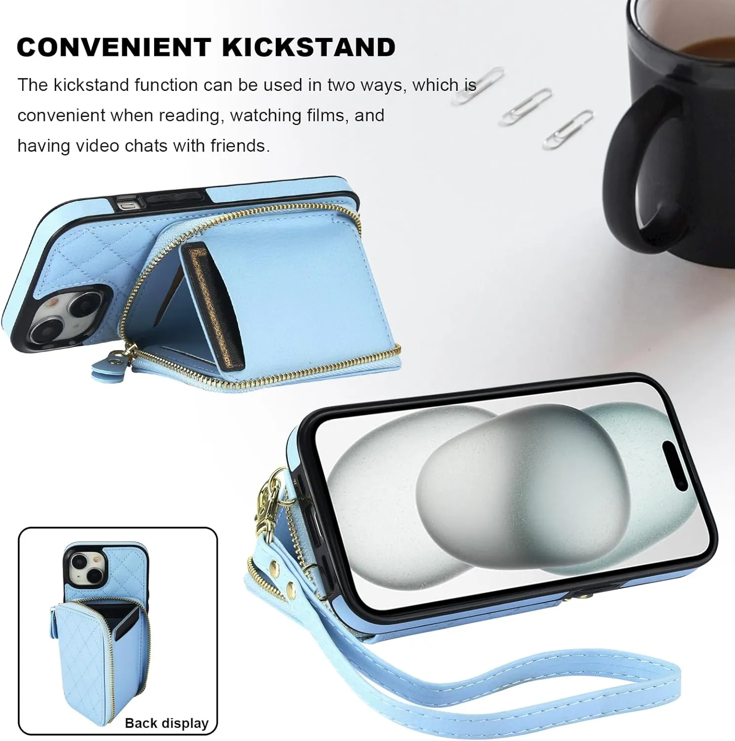 Bocasal Crossbody Wallet Case for iPhone 15, RFID Blocking PU Leather Zipper Handbag Purse Flip Cover, Kickstand Folio Case with Card Slots Holder Wrist Strap Lanyard 5G 6.1 Inch (Blue)