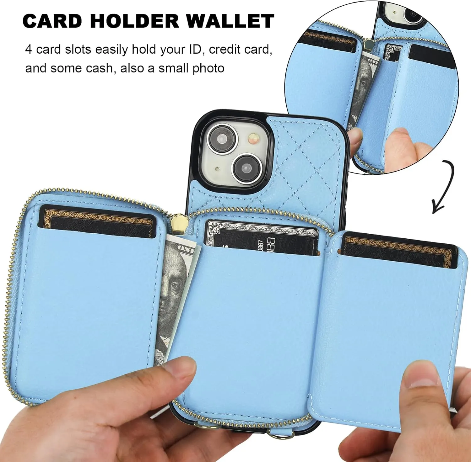 Bocasal Crossbody Wallet Case for iPhone 15, RFID Blocking PU Leather Zipper Handbag Purse Flip Cover, Kickstand Folio Case with Card Slots Holder Wrist Strap Lanyard 5G 6.1 Inch (Blue)
