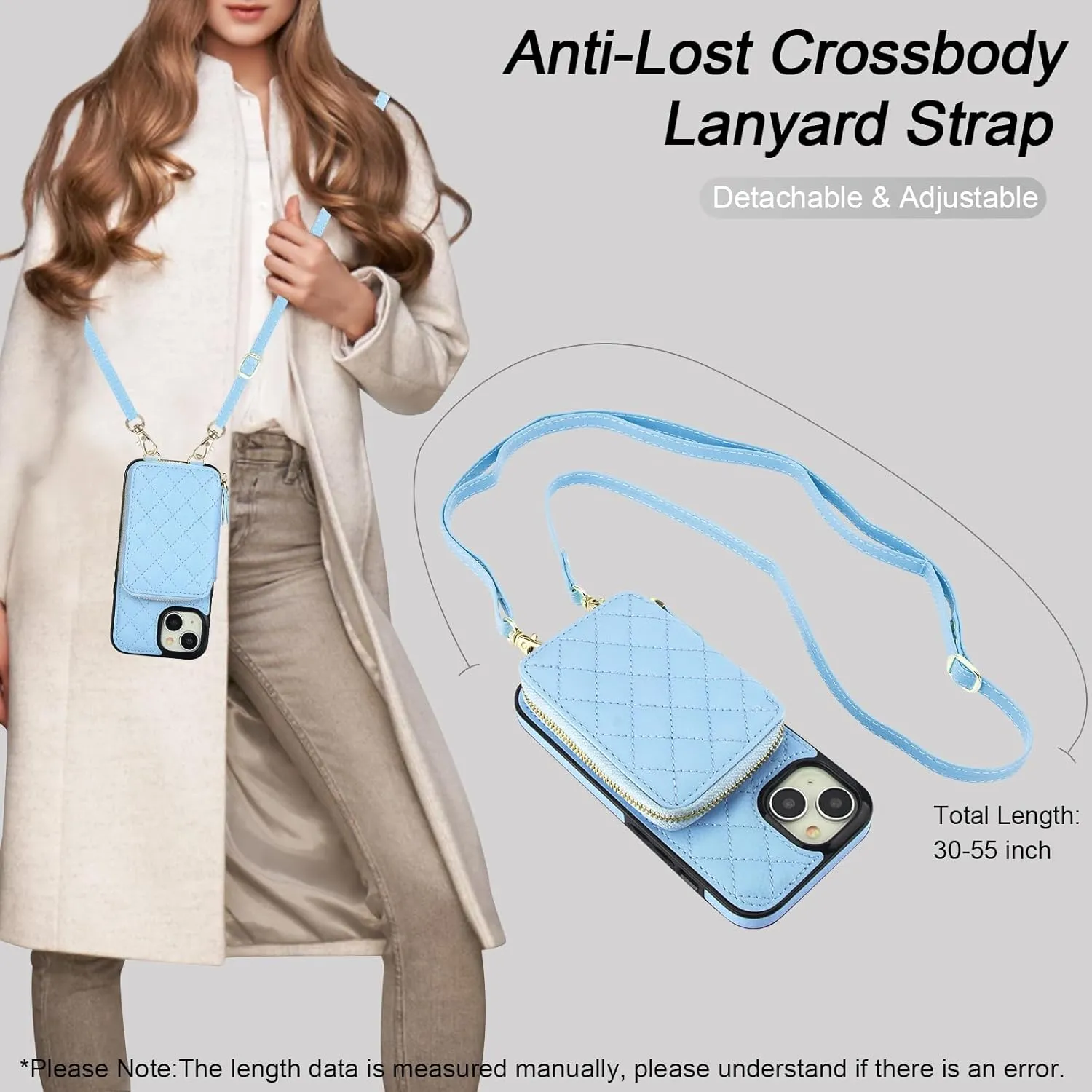 Bocasal Crossbody Wallet Case for iPhone 15, RFID Blocking PU Leather Zipper Handbag Purse Flip Cover, Kickstand Folio Case with Card Slots Holder Wrist Strap Lanyard 5G 6.1 Inch (Blue)