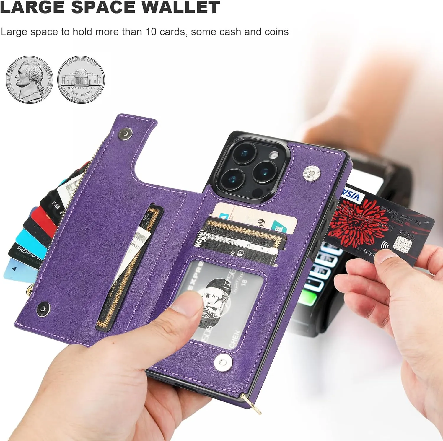 Bocasal Crossbody Wallet Case for iPhone 16 Pro Max with RFID Blocking Card Slot Holder, Magnetic Flip Folio Purse Case, PU Leather Zipper Handbag with Detachable Lanyard Strap 6.9 Inch 5G (Purple)