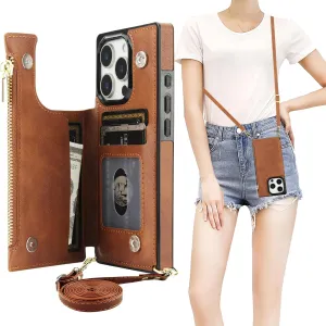 Bocasal Crossbody Wallet Case for iPhone 16 Pro with RFID Blocking Card Slot Holder, Magnetic Flip Folio Purse Case, PU Leather Zipper Handbag with Detachable Lanyard Strap 6.3 Inch 5G (Brown)