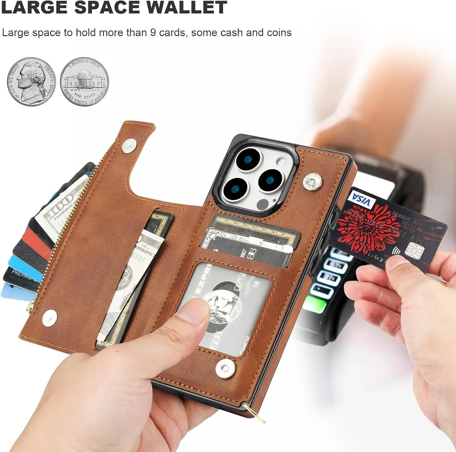 Bocasal Crossbody Wallet Case for iPhone 16 Pro with RFID Blocking Card Slot Holder, Magnetic Flip Folio Purse Case, PU Leather Zipper Handbag with Detachable Lanyard Strap 6.3 Inch 5G (Brown)