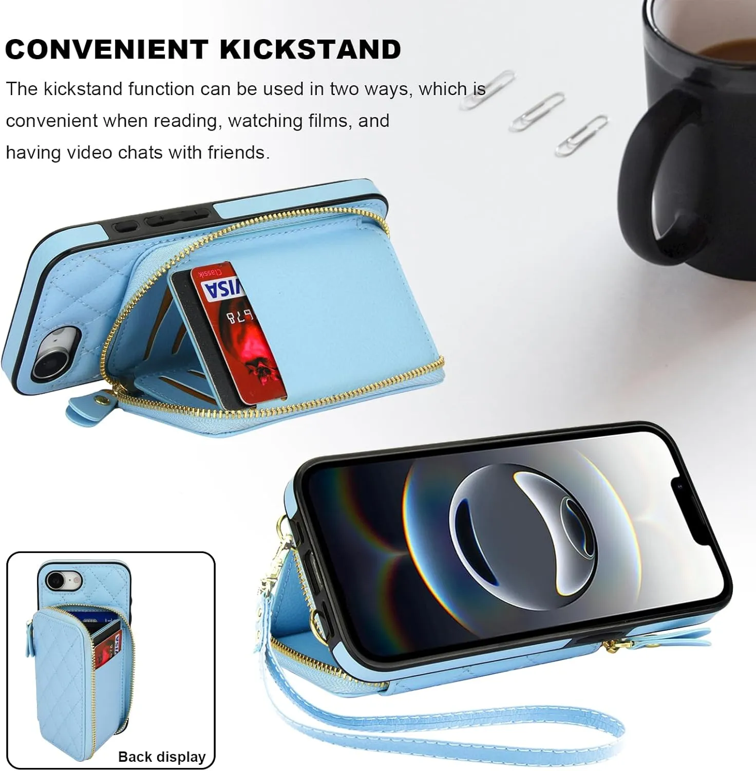 Bocasal Crossbody Wallet Case for iPhone 16e, RFID Blocking PU Leather Zipper Handbag Purse Flip Cover, Kickstand Folio Case with Card Slots Holder Wrist Strap Lanyard 6.1 Inch 5G (Blue)