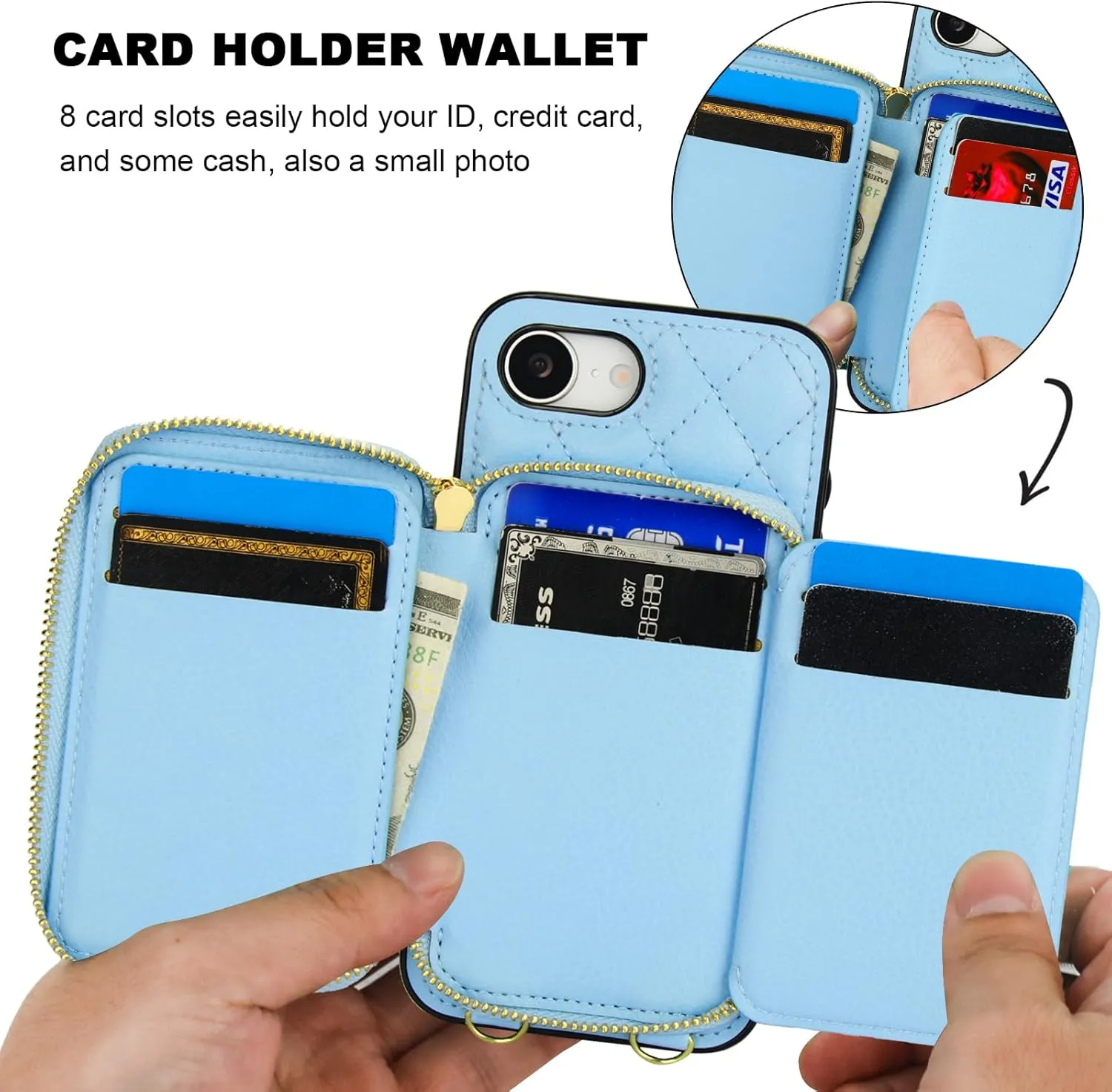 Bocasal Crossbody Wallet Case for iPhone 16e, RFID Blocking PU Leather Zipper Handbag Purse Flip Cover, Kickstand Folio Case with Card Slots Holder Wrist Strap Lanyard 6.1 Inch 5G (Blue)