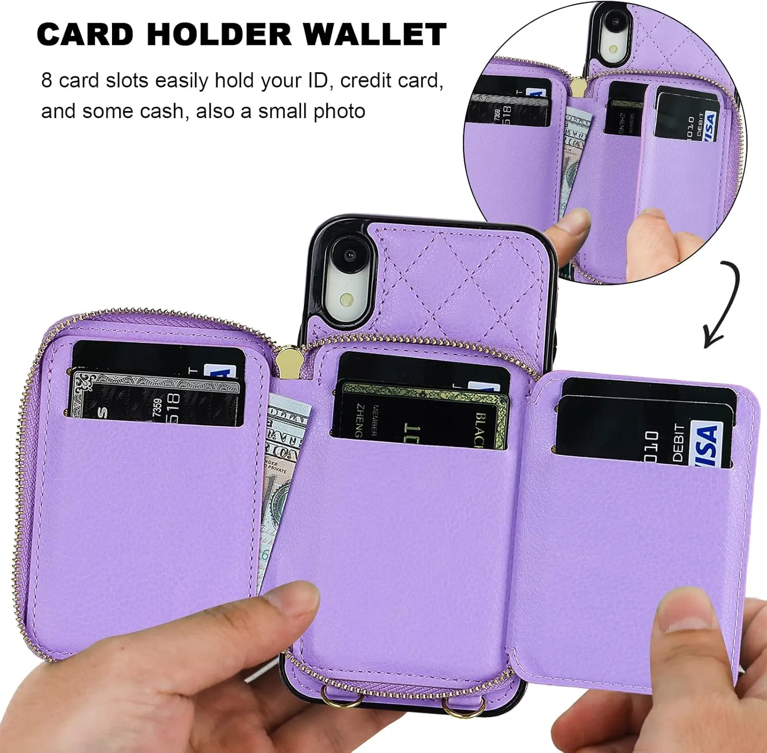 Bocasal Crossbody Wallet Case for iPhone Xr, RFID Blocking PU Leather Zipper Handbag Purse Flip Cover, Kickstand Folio Case with Card Slots Holder Wrist Strap Lanyard 6.1 Inch (Purple)
