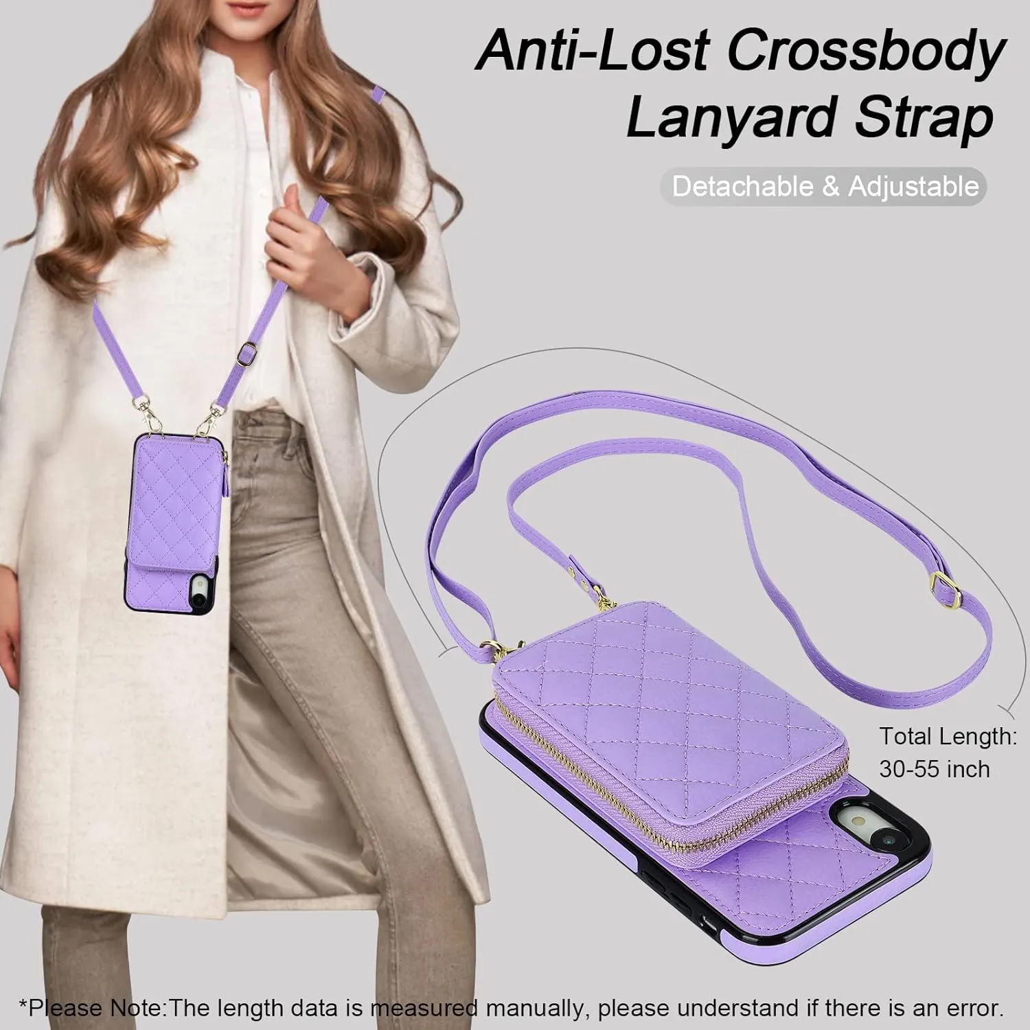 Bocasal Crossbody Wallet Case for iPhone Xr, RFID Blocking PU Leather Zipper Handbag Purse Flip Cover, Kickstand Folio Case with Card Slots Holder Wrist Strap Lanyard 6.1 Inch (Purple)