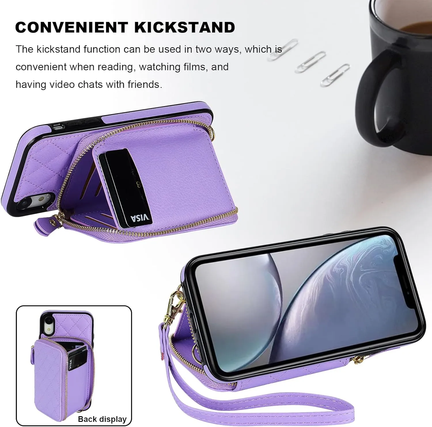 Bocasal Crossbody Wallet Case for iPhone Xr, RFID Blocking PU Leather Zipper Handbag Purse Flip Cover, Kickstand Folio Case with Card Slots Holder Wrist Strap Lanyard 6.1 Inch (Purple)