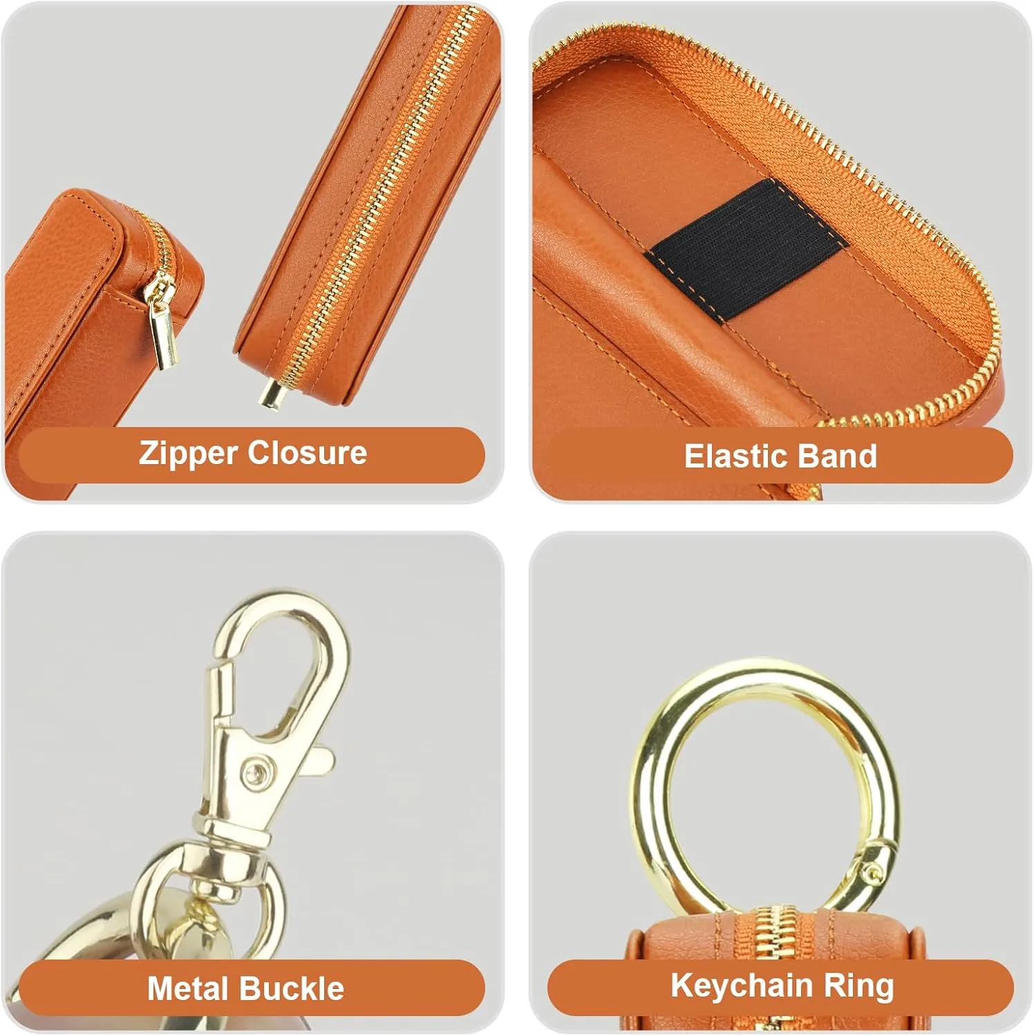 Bocasal Leather Lipstick Case Holder Chapstick Keychain Pouch, Zipper Lip Balm Lip Gloss Bag for Purse with Key Chain Elastic Band, Makeup Travel Organizer Cosmetic Storage Kit for Women Girls (Brown)