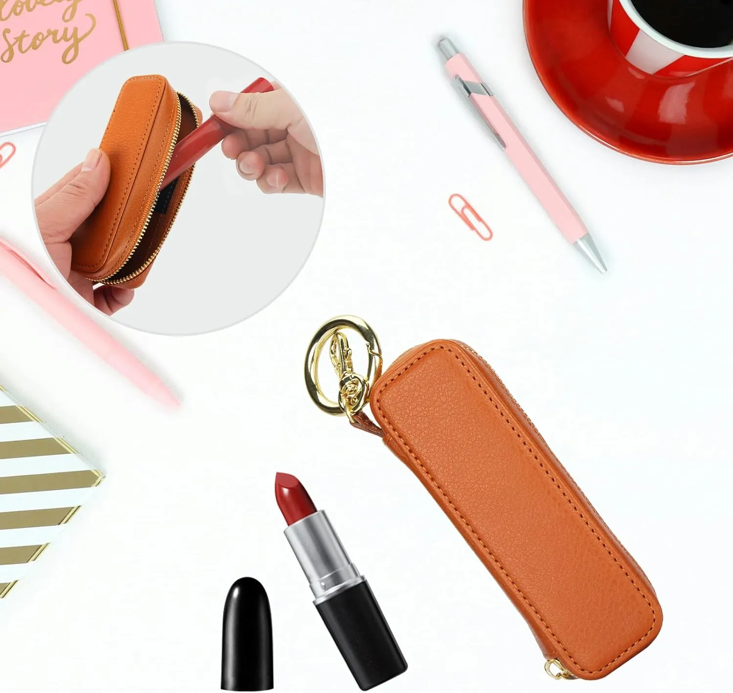 Bocasal Leather Lipstick Case Holder Chapstick Keychain Pouch, Zipper Lip Balm Lip Gloss Bag for Purse with Key Chain Elastic Band, Makeup Travel Organizer Cosmetic Storage Kit for Women Girls (Brown)