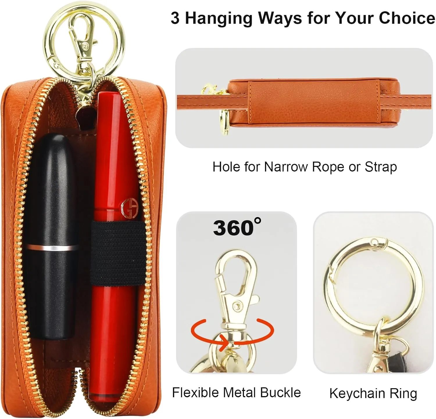 Bocasal Leather Lipstick Case Holder Chapstick Keychain Pouch, Zipper Lip Balm Lip Gloss Bag for Purse with Key Chain Elastic Band, Makeup Travel Organizer Cosmetic Storage Kit for Women Girls (Brown)