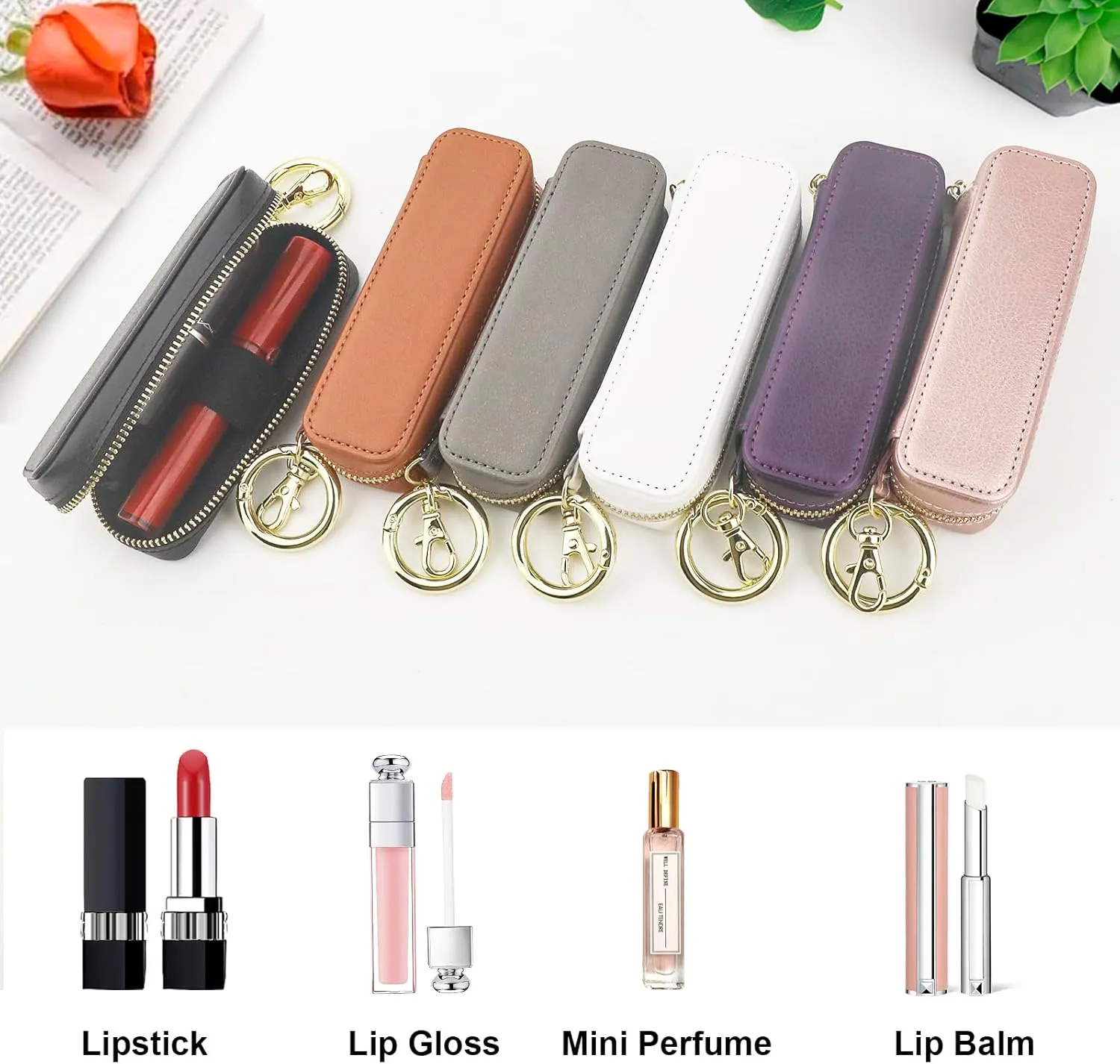 Bocasal Leather Lipstick Case Holder Chapstick Keychain Pouch, Zipper Lip Balm Lip Gloss Bag for Purse with Key Chain Elastic Band, Makeup Travel Organizer Cosmetic Storage Kit for Women Girls (Brown)