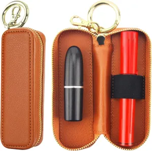 Bocasal Leather Lipstick Case Holder Chapstick Keychain Pouch, Zipper Lip Balm Lip Gloss Bag for Purse with Key Chain Elastic Band, Makeup Travel Organizer Cosmetic Storage Kit for Women Girls (Brown)