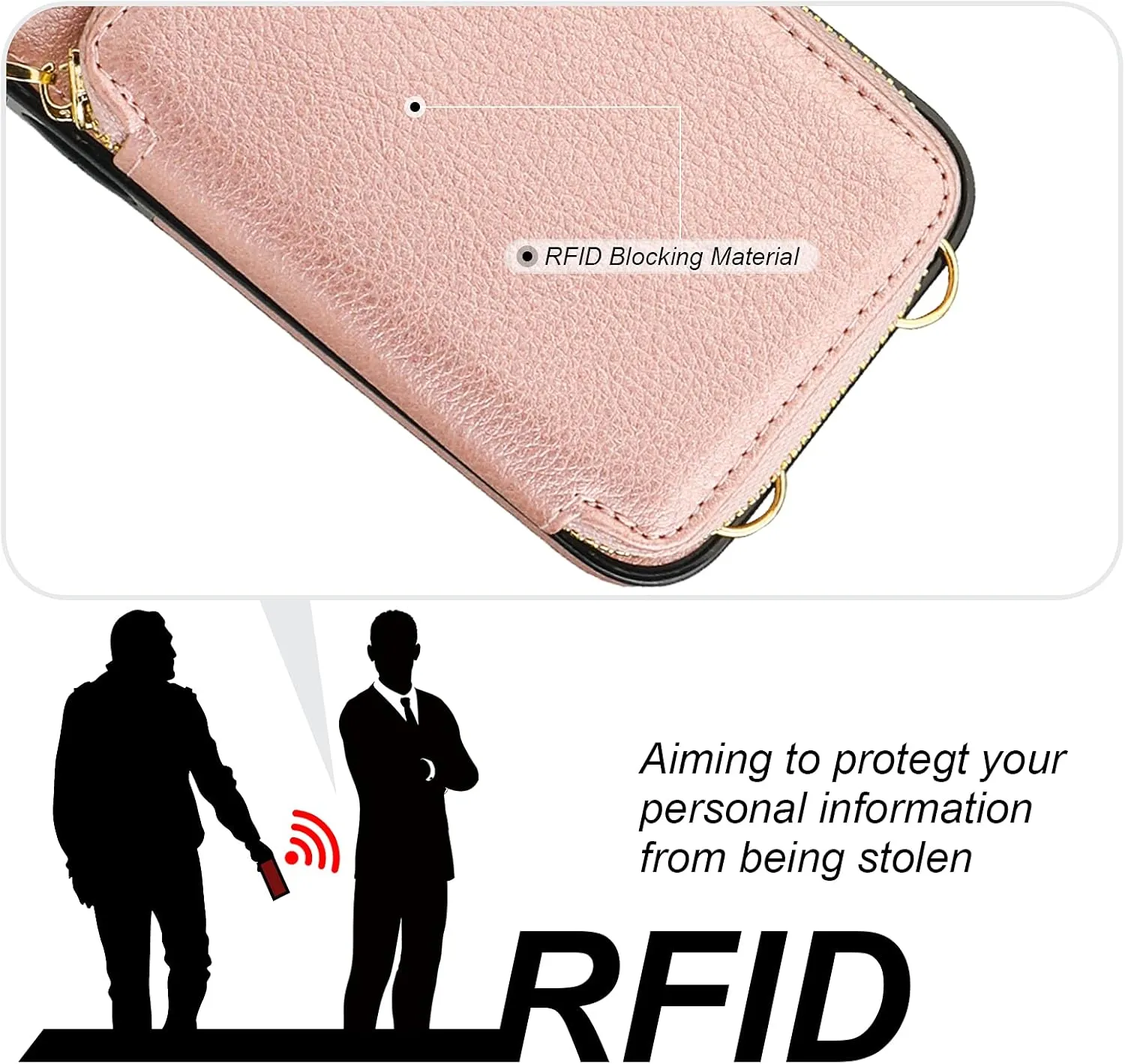 Bocasal RFID Blocking Wallet Case for iPhone 16 Pro, Adjustable Crossbody Zipper Purse Case Card Holder with Kickstand Detachable Wrist Strap, PU Leather Flip Folio Case 6.3 Inch 5G (Rose Gold)