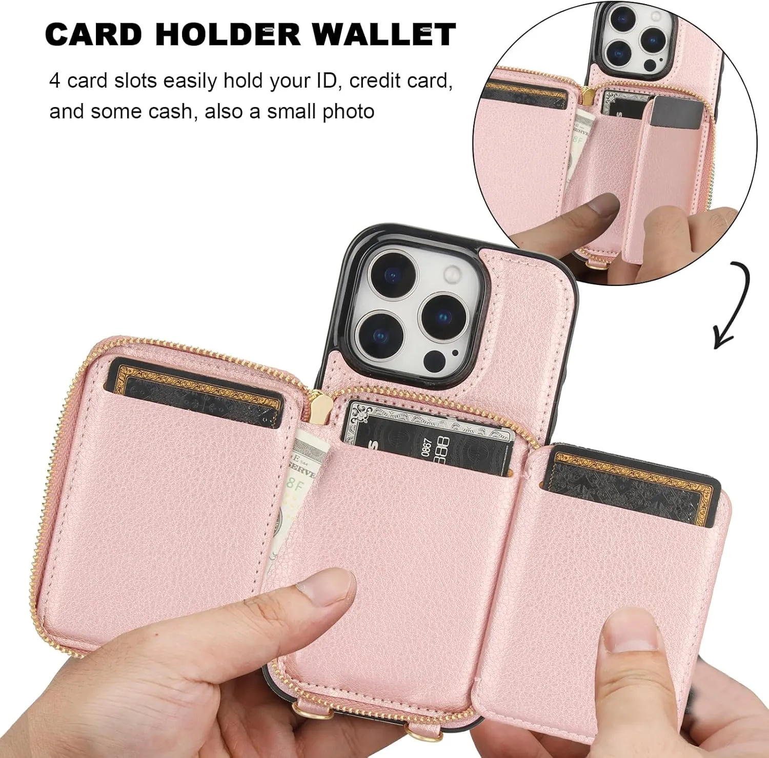 Bocasal RFID Blocking Wallet Case for iPhone 16 Pro, Adjustable Crossbody Zipper Purse Case Card Holder with Kickstand Detachable Wrist Strap, PU Leather Flip Folio Case 6.3 Inch 5G (Rose Gold)
