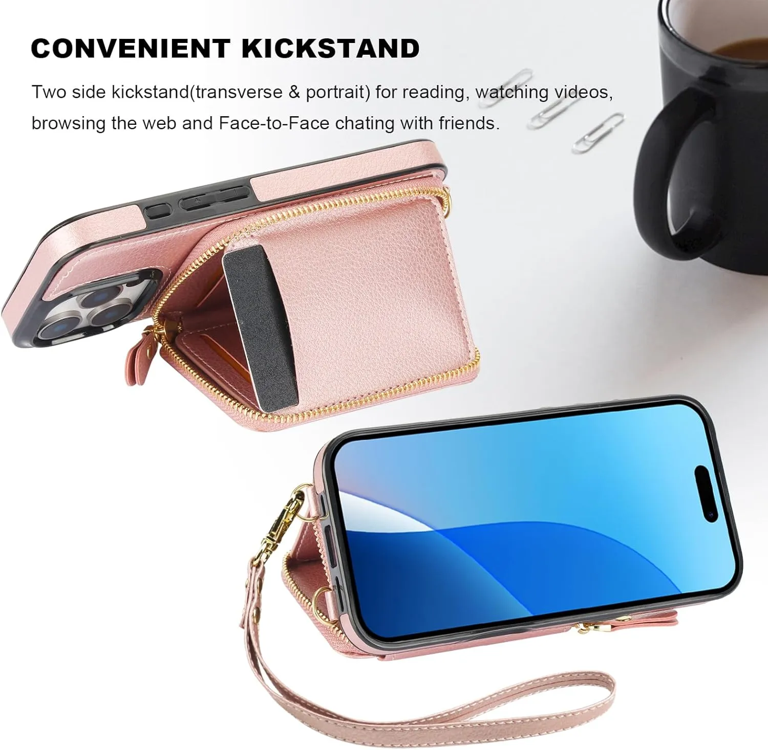 Bocasal RFID Blocking Wallet Case for iPhone 16 Pro, Adjustable Crossbody Zipper Purse Case Card Holder with Kickstand Detachable Wrist Strap, PU Leather Flip Folio Case 6.3 Inch 5G (Rose Gold)
