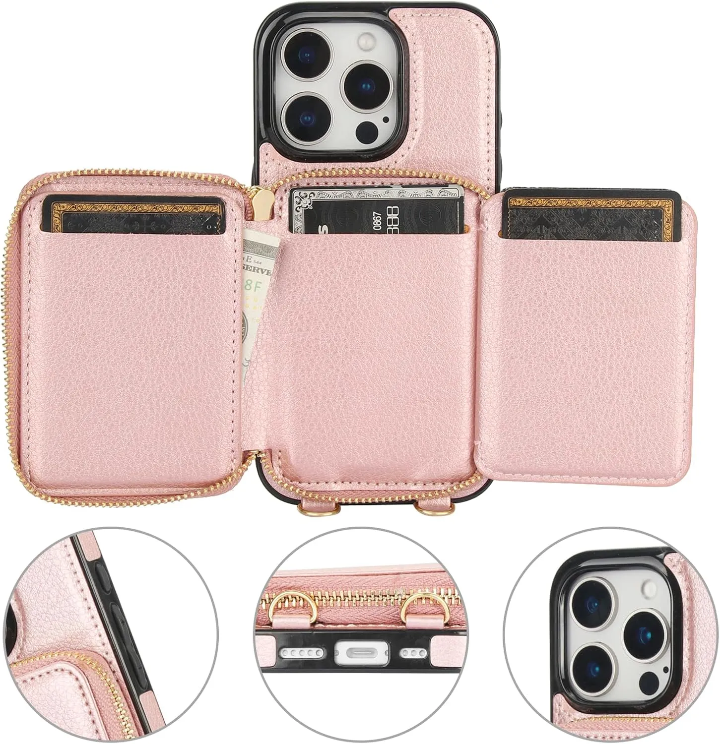 Bocasal RFID Blocking Wallet Case for iPhone 16 Pro, Adjustable Crossbody Zipper Purse Case Card Holder with Kickstand Detachable Wrist Strap, PU Leather Flip Folio Case 6.3 Inch 5G (Rose Gold)