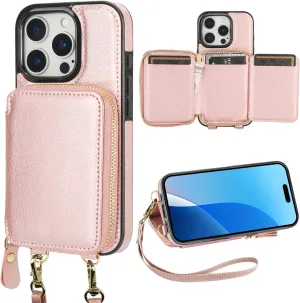Bocasal RFID Blocking Wallet Case for iPhone 16 Pro, Adjustable Crossbody Zipper Purse Case Card Holder with Kickstand Detachable Wrist Strap, PU Leather Flip Folio Case 6.3 Inch 5G (Rose Gold)