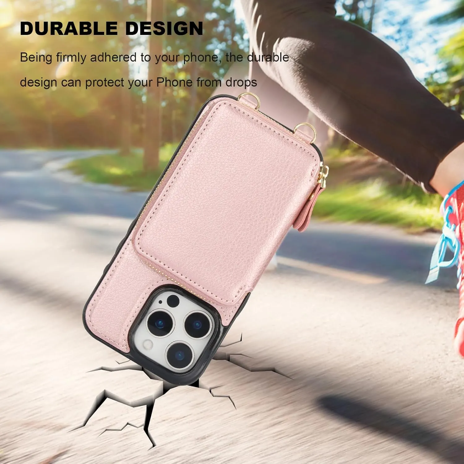 Bocasal RFID Blocking Wallet Case for iPhone 16 Pro, Adjustable Crossbody Zipper Purse Case Card Holder with Kickstand Detachable Wrist Strap, PU Leather Flip Folio Case 6.3 Inch 5G (Rose Gold)